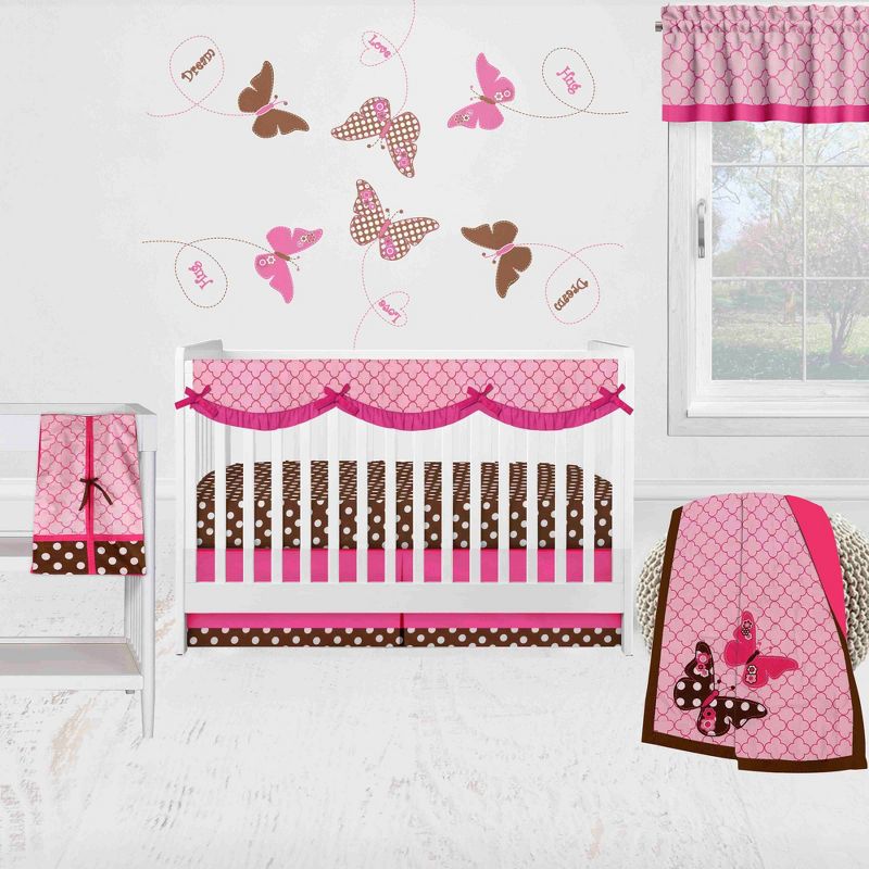 Bacati - Buttefly Pink Chocolate 6 pc Crib Bedding Set with Long Rail Guard Cover, 1 of 12