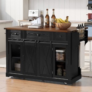 Farmhouse Rolling Kitchen Island Kitchen Storage Cart with Spice Rack, Glass Holders, Towel Rack & Drop Leaf - ModernLuxe - 1 of 4