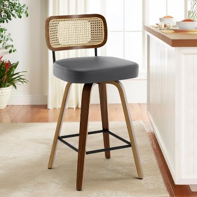 Bekrvio 26"/29" Mid-Century Modern Swivel Bar Stools Set of 1/2/3/4- Faux Leather Upholstered with Back and Bent Wood Legs,Ideal for Kitchen Island