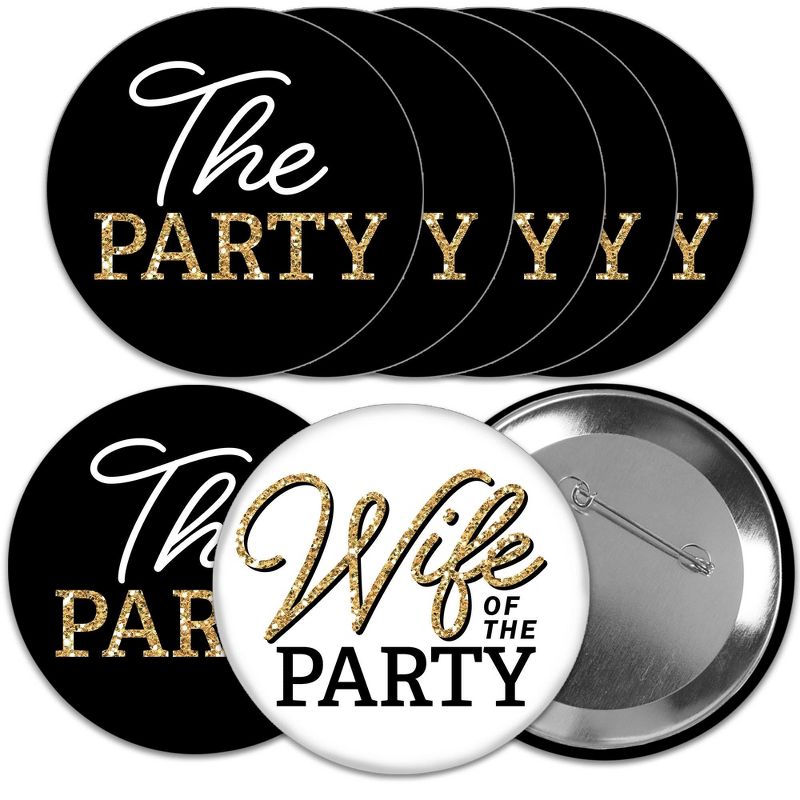 Big Dot of Happiness Wife of the Party - 3 inch Black and Gold Bachelorette Party Badge - Pinback Buttons - Set of 8, 1 of 9