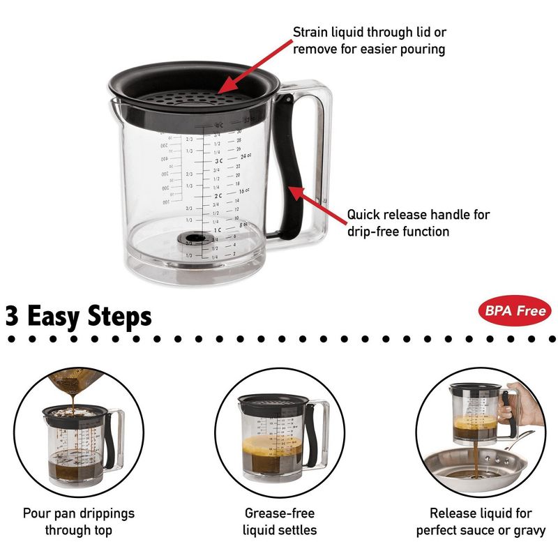 Amco 4 Cup Easy Release Fat And Gravy Separator With Deep Removable Lid & Quick Release Handle - Black, 4 of 5