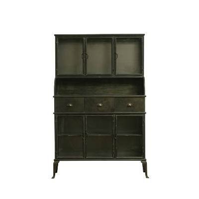 Storied Home Metal Storage Cabinet Black: Elegant Glass Doors, Geometric Hutch Design, Durable Iron Frame