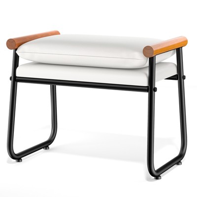 SUGIFT Upholstered Faux Leather Ottoman Footstool Metal Frame Bench with Wooden Armrests for Entryway