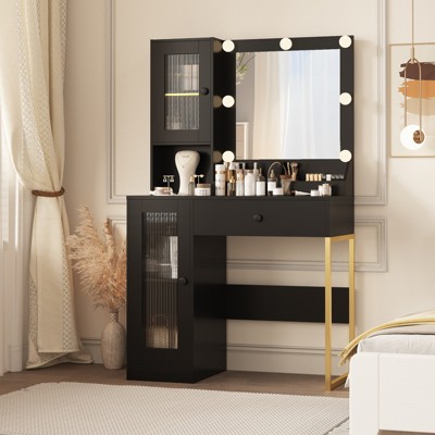 Makeup Vanity Desk with Mirror and Lights, Vanity Table with Charging Station, 2 Acrylic-Door Cabinets, Wood Dressing Table for Bedroom