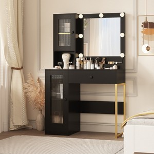 Makeup Vanity Desk with Mirror and Lights, Vanity Table with Charging Station, 2 Acrylic-Door Cabinets, Wood Dressing Table for Bedroom - 1 of 4