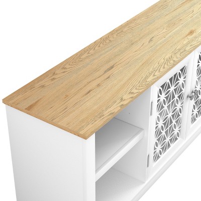 Grayish-White 70" TV Stand with Lattice Doors and Wood Top