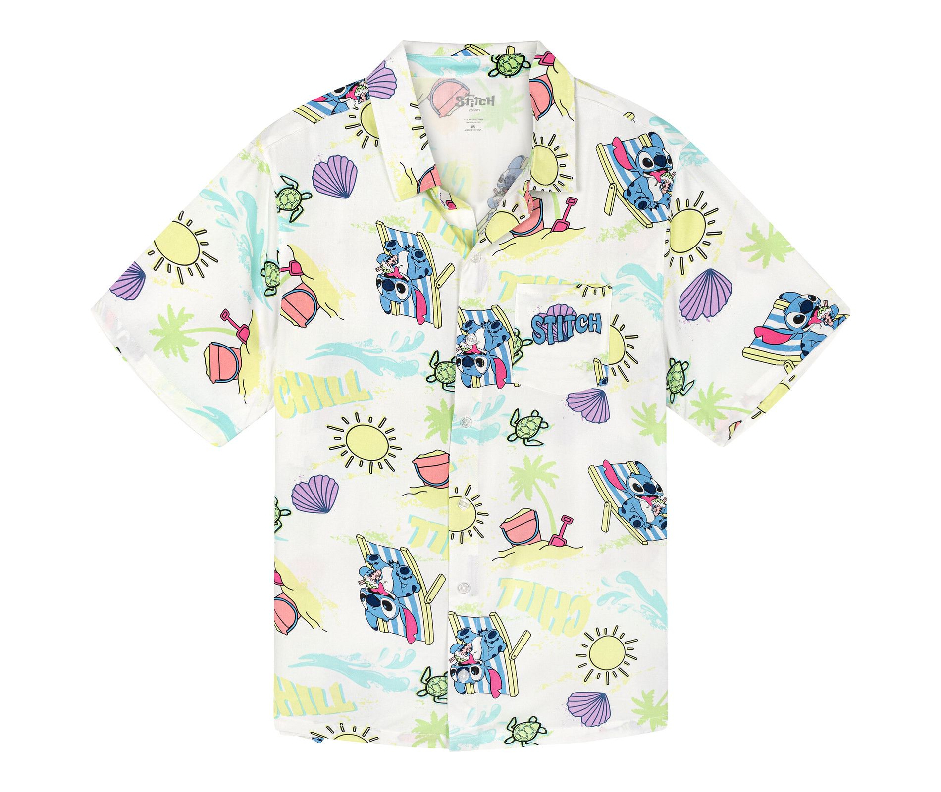 Disney Lilo & Stitch Mens Hawaiian Button Down Dress Shirt White X-Large