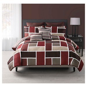 Morgan Quilt Set Queen Red&Taupe 7 Piece - VCNY
