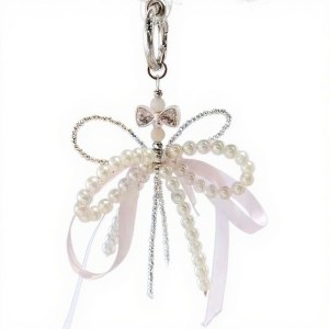Anna-Kaci Pearl and Ribbon Bow Angel Keychain Charm with Crystal Details - Mauve Pink - 1 of 4