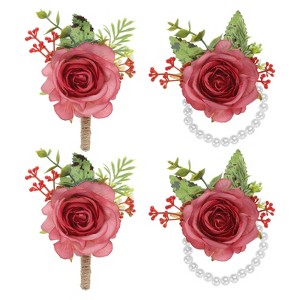 Unique Bargains Rose Wrist Corsage and Boutonnieres Fabric Adjustable Artificial Flowers 4 Pcs - 1 of 4