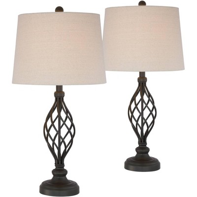 Franklin Iron Works Traditional Table Lamps Set of 2 Bronze Iron Scroll Tapered Cream Drum Shade for Living Room Family Bedroom