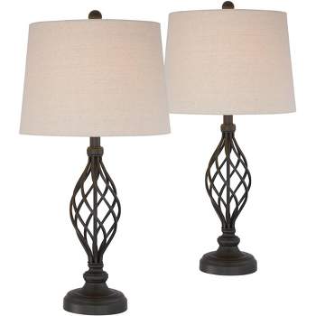 Franklin Iron Works Annie Modern Industrial Table Lamps 28" Tall Set of 2 Bronze Iron Cream Tapered Drum Shade for Bedroom Living Room Nightstand