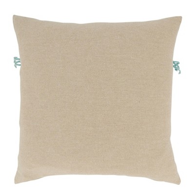 Beige and White Cotton Embroidered Square Throw Pillow, 18"