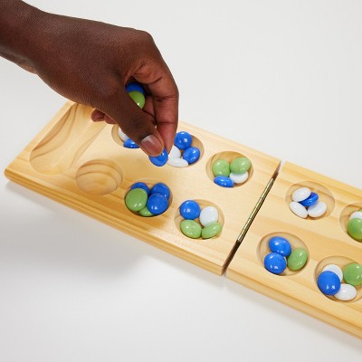 Solid Wood Mancala Game with Multicolored Stones