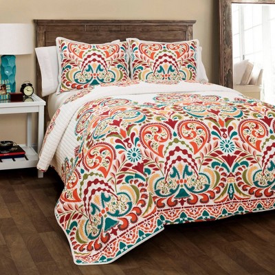 Clara Quilt 3 Piece Set (Full/Queen) Turquoise/Tangerine - Lush Décor