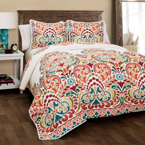 Lush Decor King 3pc Clara Quilt Set Lush Décor: Cotton Damask Reversible Bedding Set with Shams, Machine Washable