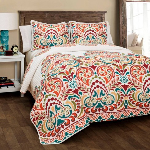 Clara Quilt 3 Piece Set (full/queen) Turquoise/tangerine - Lush