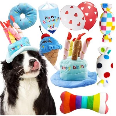 Dog Birthday Toy Set, 9Pcs Plush Pet Toy for Small Dogs, Includes Squeaky Cake Hat, Bandana, Dessert Themed Toys, Balloons, for Dog Birthday Party