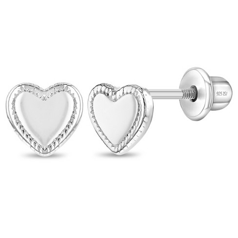 Girl's Solitaire Heart Push Back Sterling Silver Earrings - In