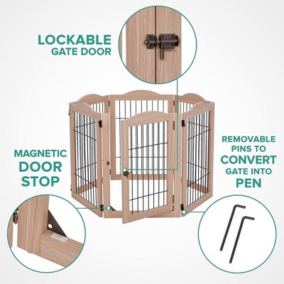 Walnut 6-Panel Freestanding Pet Gate with Door