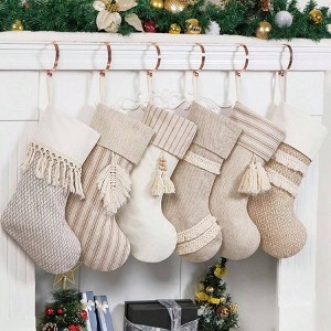 Stockings 6 Pack Family 20 Inch Large Rustic Farmhouse Christmas Stockings with Tassels Beige Set Fireplace Decorations Xmas Season - 1 of 4