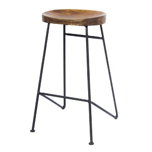 Wooden Saddle Seat Barstool with Iron Rod Legs Brown/Black - The Urban Port: Fixed Height, Polished Finish, Spot Clean - 1 of 4