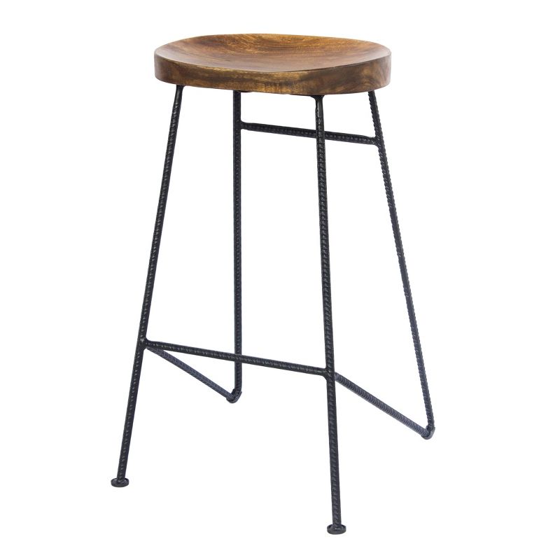 Wooden Saddle Seat Barstool with Iron Rod Legs Brown/Black - The Urban Port, 1 of 13