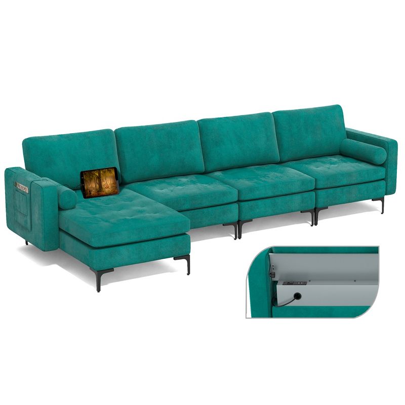 Costway Modular L-shaped Sectional Sofa w/ Reversible Chaise & 4 USB Ports Teal, 1 of 11