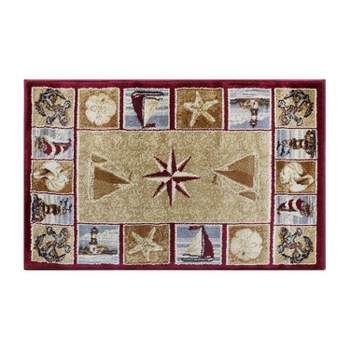 Emma and Oliver Ocean Themed Accent Rug with Sailboats, Lighthouses, Sand Dollars and Starfish with Compass Rose Center