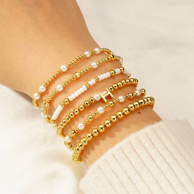 Turandoss 6PCS Gold Initial Bracelet for Women Girls - Stacked Beaded Bracelets for Kids, Layered Letter Pearl Bracelet Set for Girls, Christmas Gifts