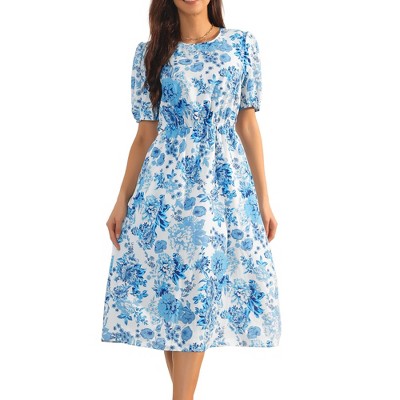Seta T Women's Summer Casual Floral Puff Sleeve Round Neck Cutout Waist Boho Midi Dress