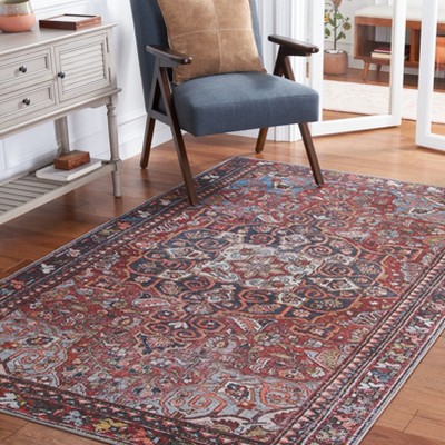 Red and Navy Square Synthetic Hand-Knotted Area Rug