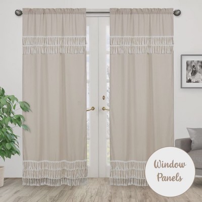 Boho Botanical Leaf Beige Linen Sheer Rod Pocket Curtains