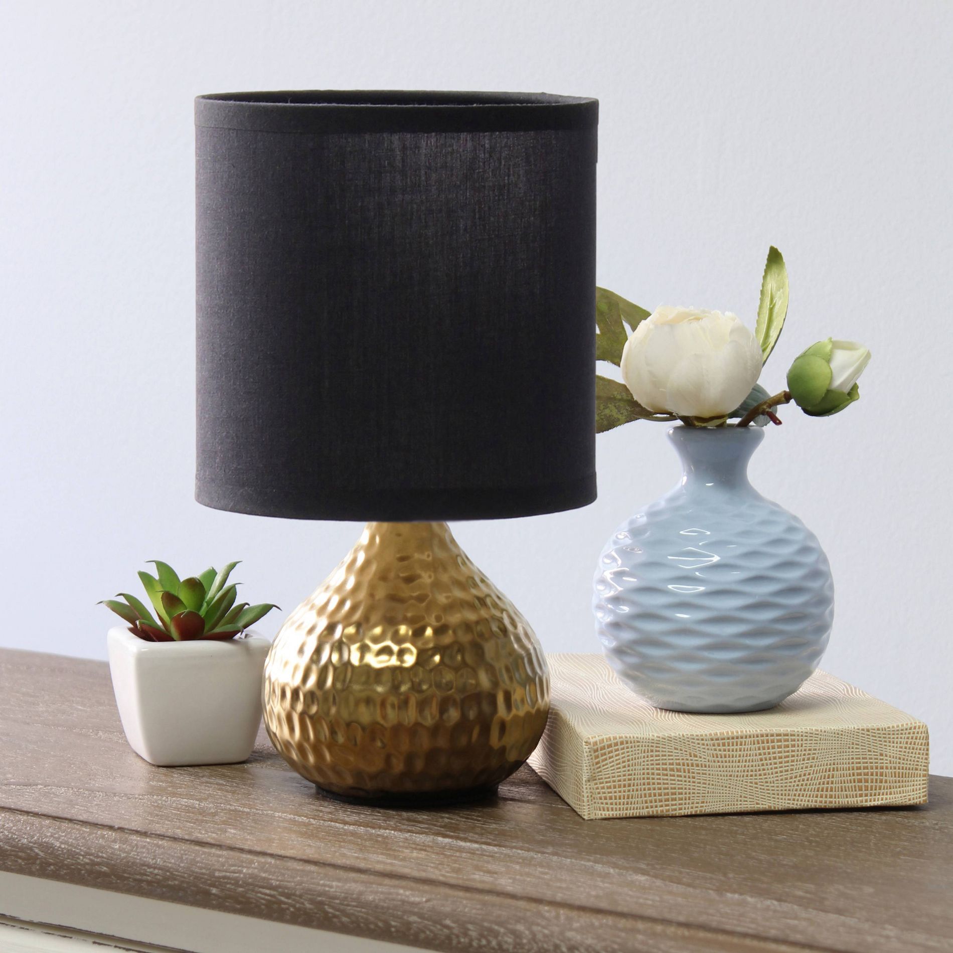 Hammered Drip Mini Table Lamp with Fabric Shade Black/Gold - Simple Designs: Metallic Base, No Assembly Required