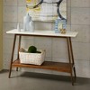 Vynxaria Elegant White Console Table Coffee Table with Pecan Finish and Storage Shelf - 2 of 4