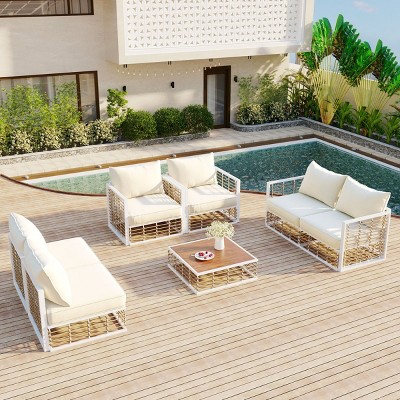 Modern 7-Piece Metal Patio Sectional Sofa Set,All-Weather Outdoor Furniture with Cushions And Coffee Table-Maison Boucle