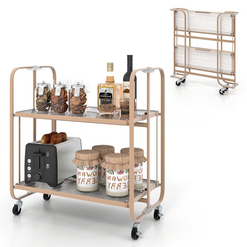 Tangkula 2-tier Foldable Kitchen Bar Cart Mobile Tempered Glass Serving Cart w/ Handle, 1 of 11
