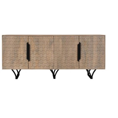 HomeRoots 84" Beige Solid Wood Carved Geometric Sideboard with Four Doors