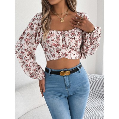 Women's Casual Floral Printed Pleated Square Neck Tops Tie Back Cropped Top Summer Long Lantern Sleeve Shirt Blouse