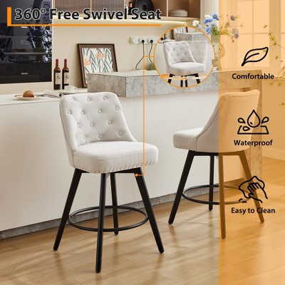 Swivel Stool Set of 2, Modern Gray Barstool, Counter Height Stool with Button Tufted Back,Upholstered Bar Chair Set for Kitchen, Island,Dining Room