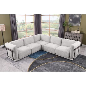 Standard Velvet Fabric Modular L-Shaped Sectional Sofas Set with Multiple Independent Seats, Includes Ottoman, and Wooden Metal Armrests - 1 of 4