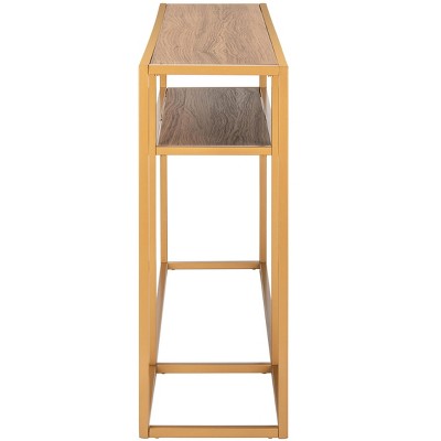 Transitional Walnut & Gold Rectangular Console Table with Storage