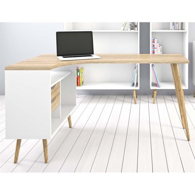 Scandinavian White/Oak L-Shaped Computer Desk with Drawers