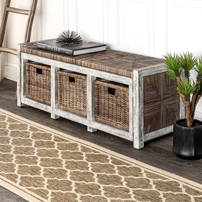 happimess Rustic 43.3" 3 Drawer Wicker Storage Bench, Gray