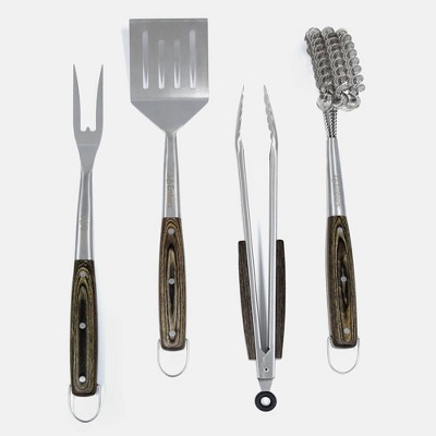 4pc Stainless Steel Grilling Tool Set with Pakkawood Handle Silver - 3 Embers