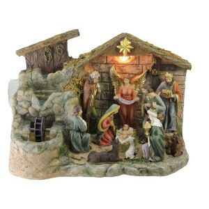 Northlight 11-Piece Pre-Lit Brown Christmas Nativity Figurine Set with Water Fountain 11" - Warm White Light - 1 of 4