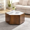 Vynxaria Rustic Retro Hexagonal Coffee Table 2 Hidden Drawers, Textured White Marble Tops, Walnut Oak Finish, for Living Room & Reception Areas - 2 of 4