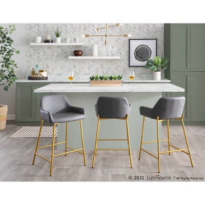 Set of 2 Gold Metal and Gray Faux Leather Counter Stools
