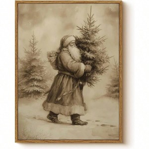 Vintage Santa Claus Carrying Tree Wall Art Retro 12x16 Framed Canvas Print Rustic Sepia Tone Classic Winter Holiday Home Dcor - 1 of 4