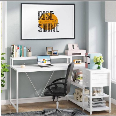 PAGED L-Shaped Computer Desk, Stylish Corner Desk with Monitor Riser, Drawers, and Storage Shelves for Living Room
